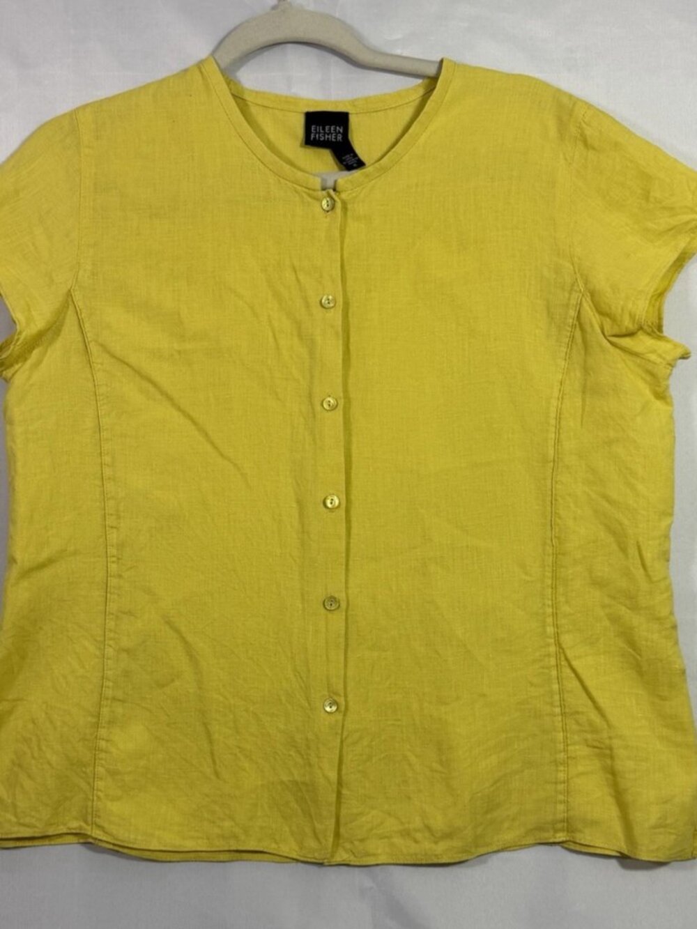 Eileen Fisher Top Womens M Yellow Irish Linen Short Sleeve Boxy Lagenlook Shirt